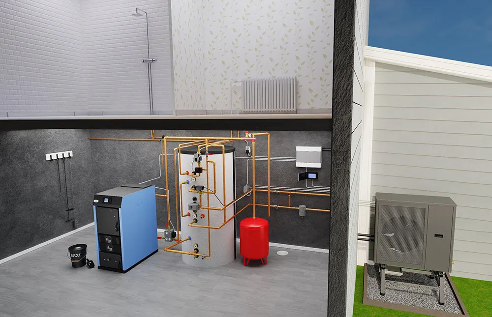 Genomskärning av hus med värmepumpsinstallation